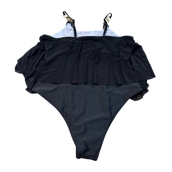 Plus size Cheeky Hi- cut Black One-Piece Swimsuit gold 1X sheer overlay NWOT - Picture 5 of 8